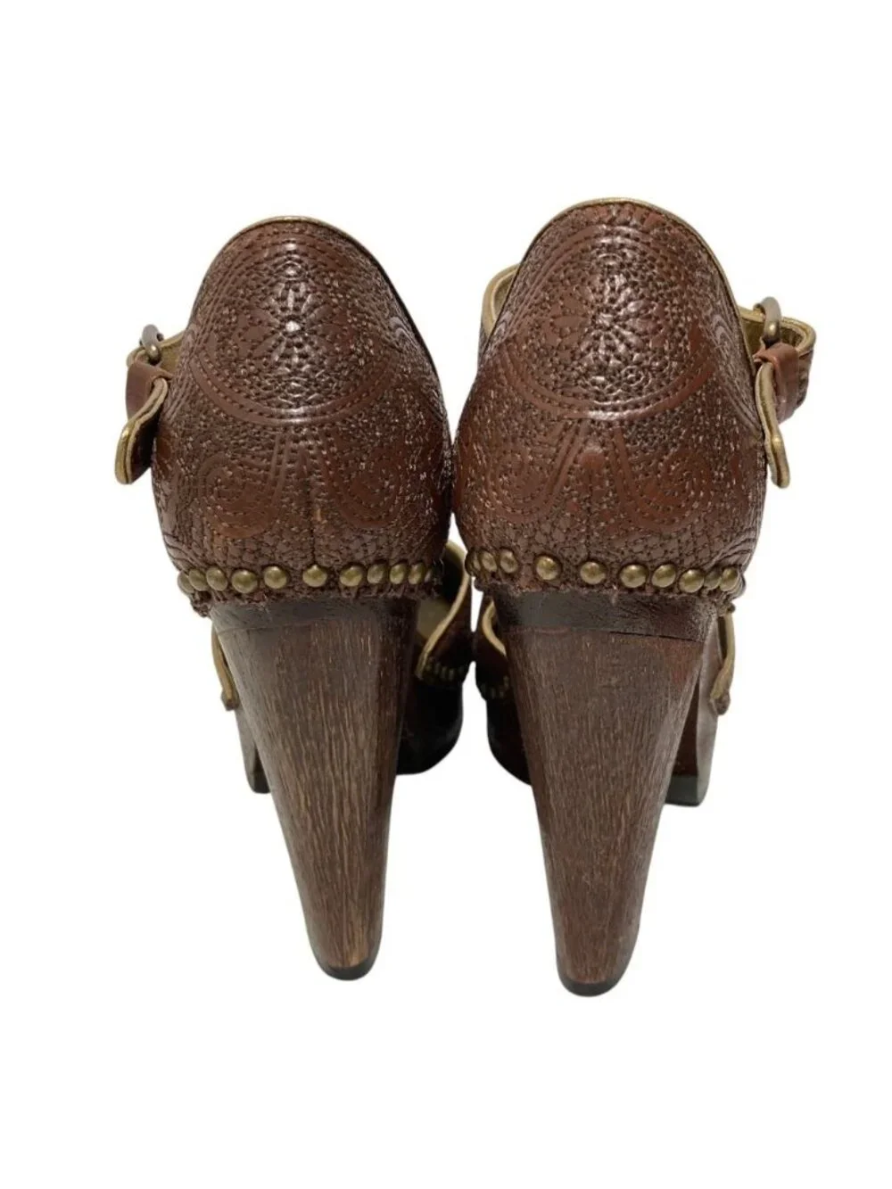 Prada Flower Embroidery Wood Sole Ankle Strap Pumps 37.5 Equivalent Brown